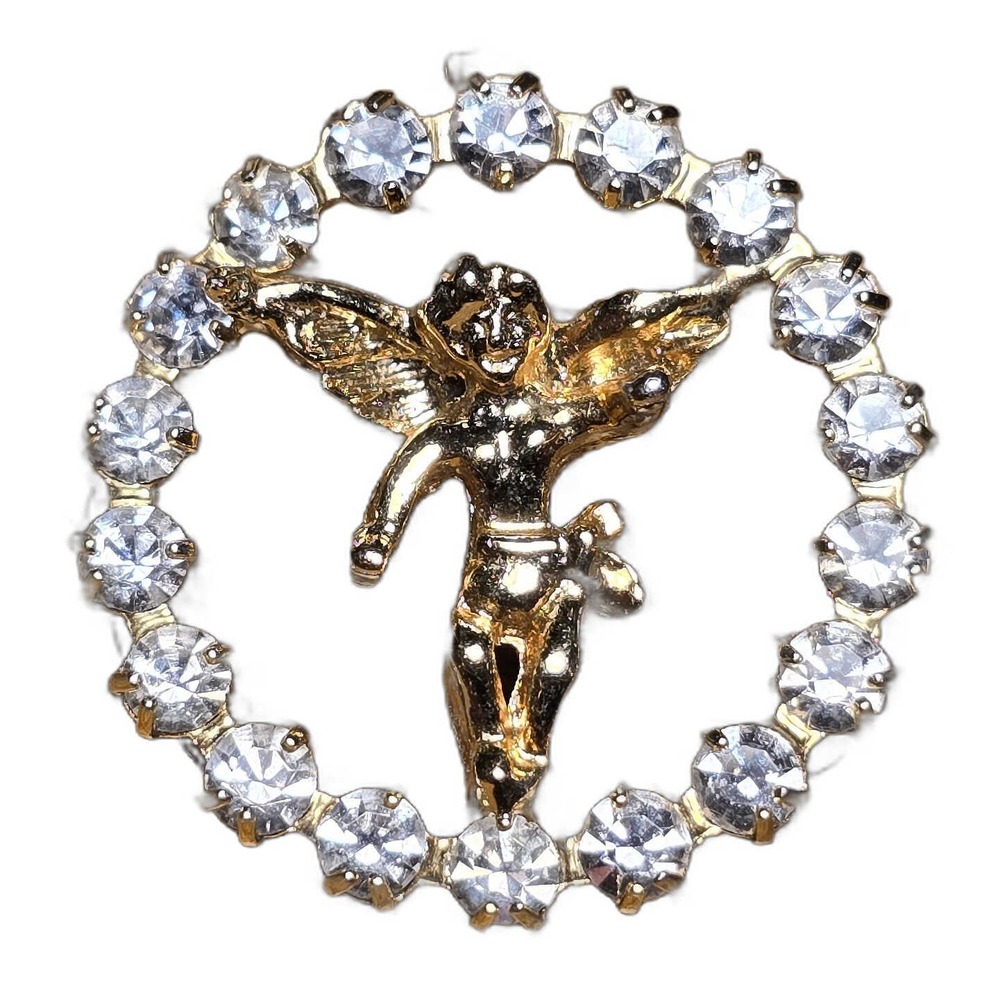 Gold Tone Winged Cherub Angel Rhinestone Halo Wreath Hat Lapel Vest Pin C9